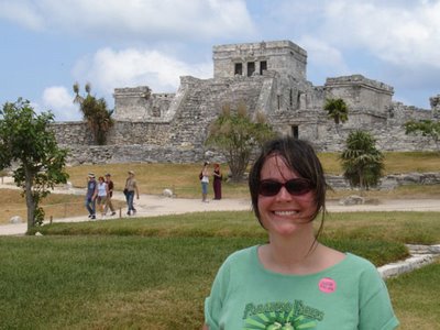 Vickey in front of the Mayan temple at Tulum