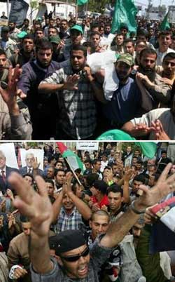 A dalt, enterrament del militant de Hamas Mahmoud Tatar mort en un enfrontament amb pressumptes membres de Fatah. A sota, empleats de l'Autoritat Palestina manifestant-se contra el govern de Hamas perquè encara no han cobrat el sou. 