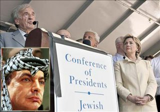 Eli Wiesel i Hillary Clinton en un acte de suport a Israel a Nova York. A l'esquerra, fotomuntatge de Zapatero tocat amb una kufiya