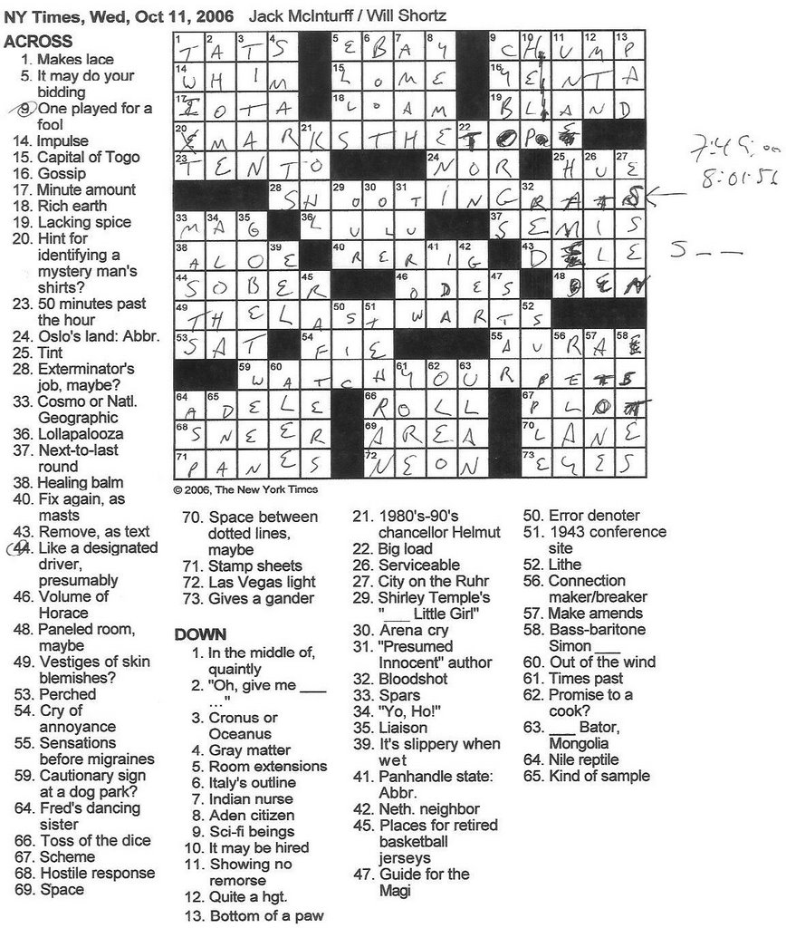 Rex Parker Does the NYT Crossword Puzzle WEDNESDAY, Oct. 11, 2006