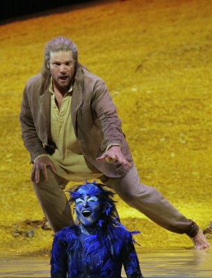 Rod Gilfry as Prospero and Cyndia Sieden as Ariel, The Tempest, Santa Fe Opera, set and costumes designed by Paul Brown, photo by Ken Howard © 2006