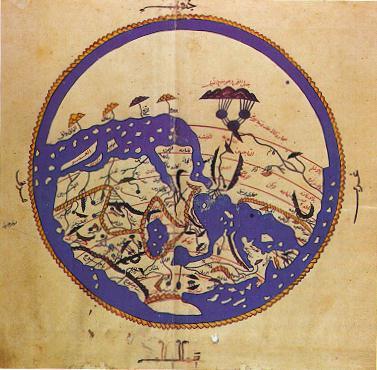 Medieval Arabic world map. Presented to the Norman king of Sicily by Arabic geometer al-Idrisi in AD 1154 (note: south is at top).