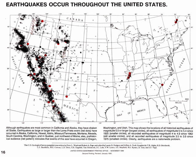 USGS: earthquake distribution in the U.S. map, 1989