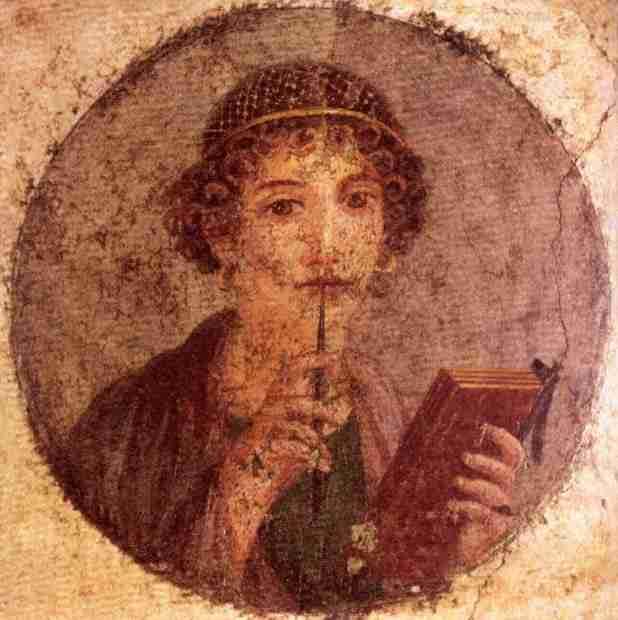 Fresco: Woman muses with writing stylus, Pompeii, 1st century AD