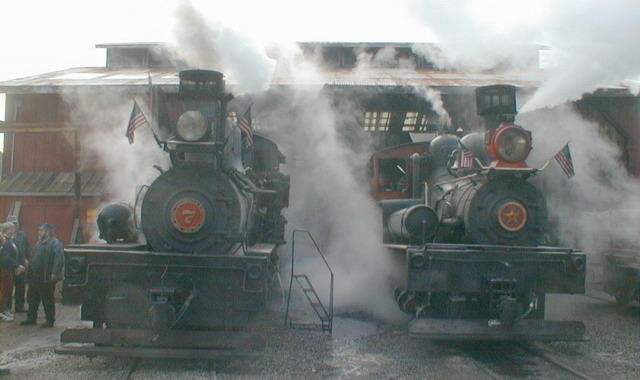 Roaring Camp steam locomotives before engine house (photographer: Michael McNeil)