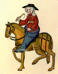 Geoffrey Chaucer's Wife of Bath, from The Canterbury Tales, as depicted on the Ellesmere Manuscript (Harvard University)
