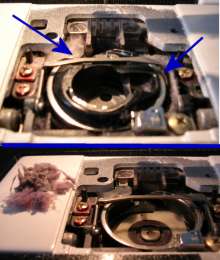 before and after cleaning bobbin area of sewing machine