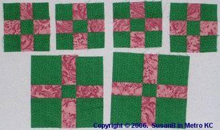pink and green 9 patch quilt blocks