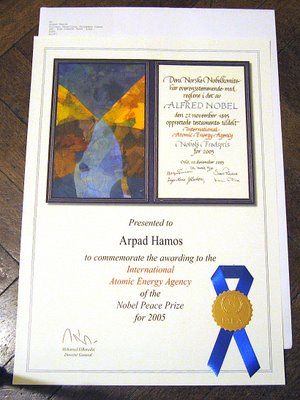 Nobel Peace Prize Certificate of Arpad Hamos