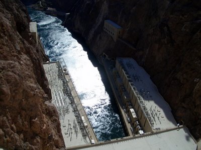 the exit side of Hoover Dam.  The water below has been fed through the turbines to generate electricity