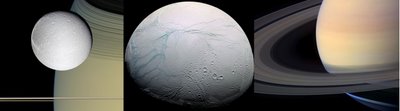 images from Cassini.  left: moon Dionne ringside; center: moon Enceladus' surface; right: Saturn