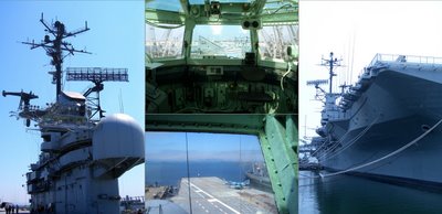 the USS Hornet museum in Alameda.  left: the island, center: the air boss's view of flight operations, right: CVA-12, the grey ghost
