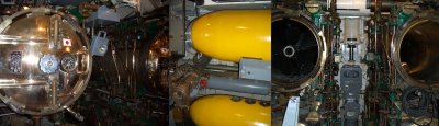 left: aft torpedo tubes, center: mark 14 torpedos, right: forward torpedo tubes