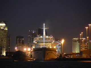 Ships moored at Doha Harbour light up the night