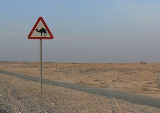 A sign warns motorists of wandering camels