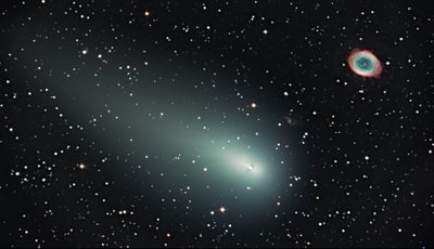 Fragment C of Comet Comet Schwassmann-Wachmann 3 and Messier 57, the Ring Nebula