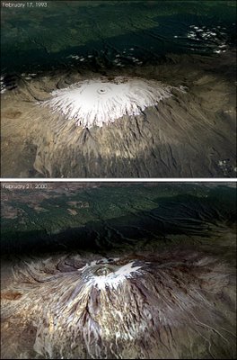 Mount Kilimanjaro on February 17, 1993 (above) and February 21, 2000 (below)