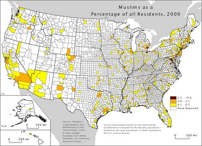 A map of Muslims as a percentage of all American residents as of the year 2000