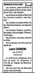 Décès Gaspari Chiaroni Laure