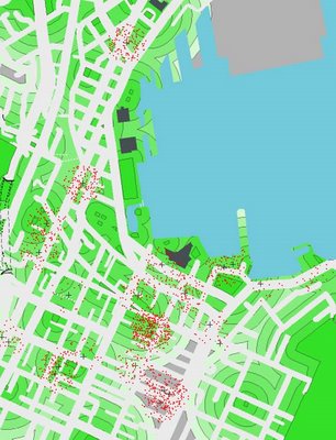 Map of new apartment dwellers and green space. One red dot per new resident; green rings show distance from green space.