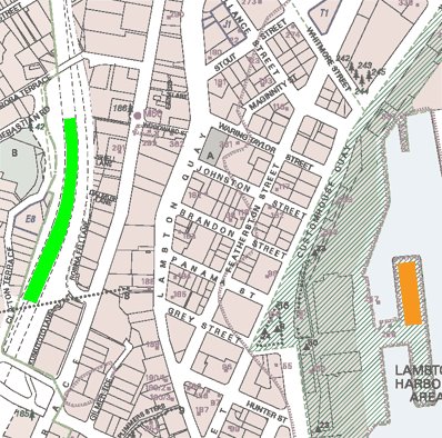 Location of motorway compared to Queens Wharf