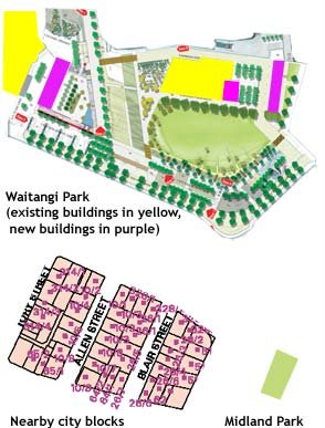 Comparison of Waitangi Park, city blocks and Midland park at the same scale