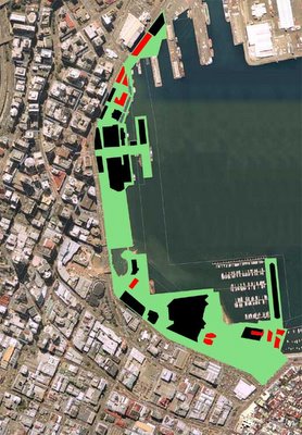 Map of Wellington waterfront showing current and proposed building footprints