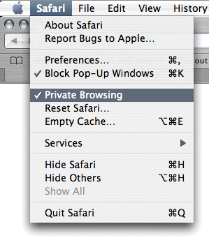 Select Private Browsing on Safari menu