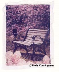 Ozark Bench Collage With Flowers, Emulsion Lift