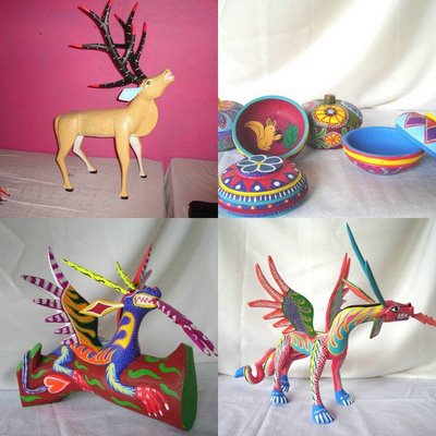 Oaxaca Pale Horse Galleries art crafts gifts and collectibles from Mexican indigenous artists and artisans alebrijes wood carvings ceramics textiles http://palehorsegalleries.vstore.ca/ Eloy Pinos López and Elva Ojeda of Arrazola Xoxocotlan, Oaxaca, Mexico