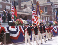 Members of the Old Guard Colonial Color Guard and Fife and Drum team march the colors off at the 'Let Freedom Ring' event held in Philadelphia on July 4, 2004. (photo armu.mil by Jackie Garrelts)