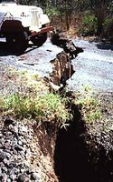 Photograph by Peter Lipman, US Geological Survey, Crack in Hilina Pali road, Hawaii Volcanoes National Park.
