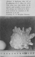 This hailstone was four inches in diameter and weighed seven ounces. In: 'Hailstorms of the United States,' by Snowden D. Flora, 1956. P. 10. Library Call No. M78.7 F632hs. Image ID: wea02251, Historic NWS Collection, Location: Washington, D. C. Photo Date: 1953 May 26, Photographer: Archival, Photography by Steve Nicklas, NOS, NGS