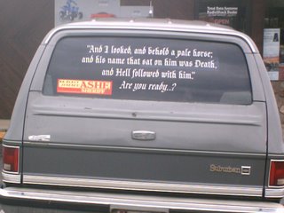 Rider on a Pale Horse quote next to a Sheriff Campaign bumper sticker