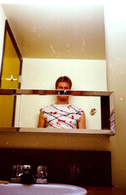 Self-portrait in Banff Centre student accomodation bathroom, 1985. Photo by Joe Blades