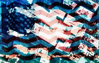 Puter pic by Snaggletooth, 2001, arial twin-tower photo-map by Mapquest with a wavy U.S. flag overlay