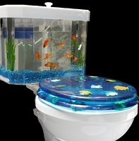 Two-piece aquarium toilet tank by AquaOne Technologies.