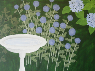 Closeup of garden painting showing globe thistle in bud stage