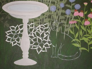 garden painting with outlines of cat and Patriot Hosta