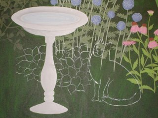 garden painting with outlines of cat and hosta