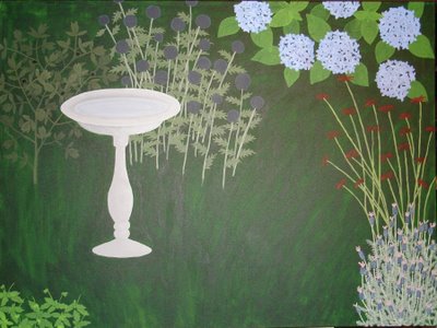 garden painting with globe thistle foliage and monarda stems added