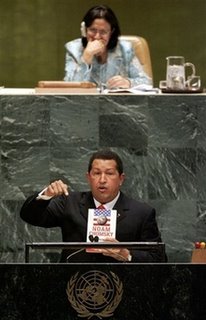 Chavez promoting Noam Chomsky's new anti-American book. Is Madam President stiffling a laugh?