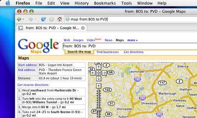 Google Maps directions from Boston to Providence using a Firefox Smart Keyword, 'map'.