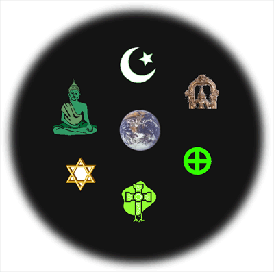 Our planet surrounded by the symbols of the most important world religions (clockwise from top): Islam, Hinduism, Paganism, Christianity, the Jewish faith, Buddhism. There are many other minor religions but not room for them all!