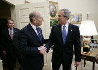 President George W. Bush welcomes Israeli Prime Minister Ehud Olmert to the White House for a meeting Monday, Nov. 13, 2006. White House photo by Eric Draper.