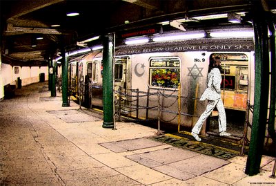 John Lennon boards a subway at Strawberry Fields Station.