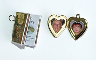 miniature book and locket for memory dolls by Robin Atkins, bead artist
