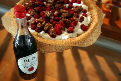 photograph picture bretagne crepes with maple cream and raspberries and tayberries and candied pecans