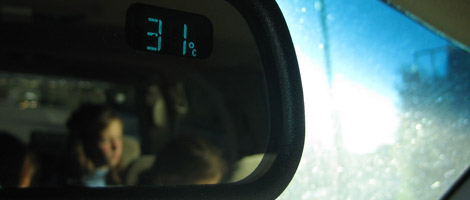de thermometer in de achteruitkijkspiegel, buitentemperatuur