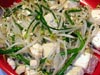 photograph picture of vegan main meal entree bean sprouts, bean curd and chive flowers stir fry recipes for IMBB#19
